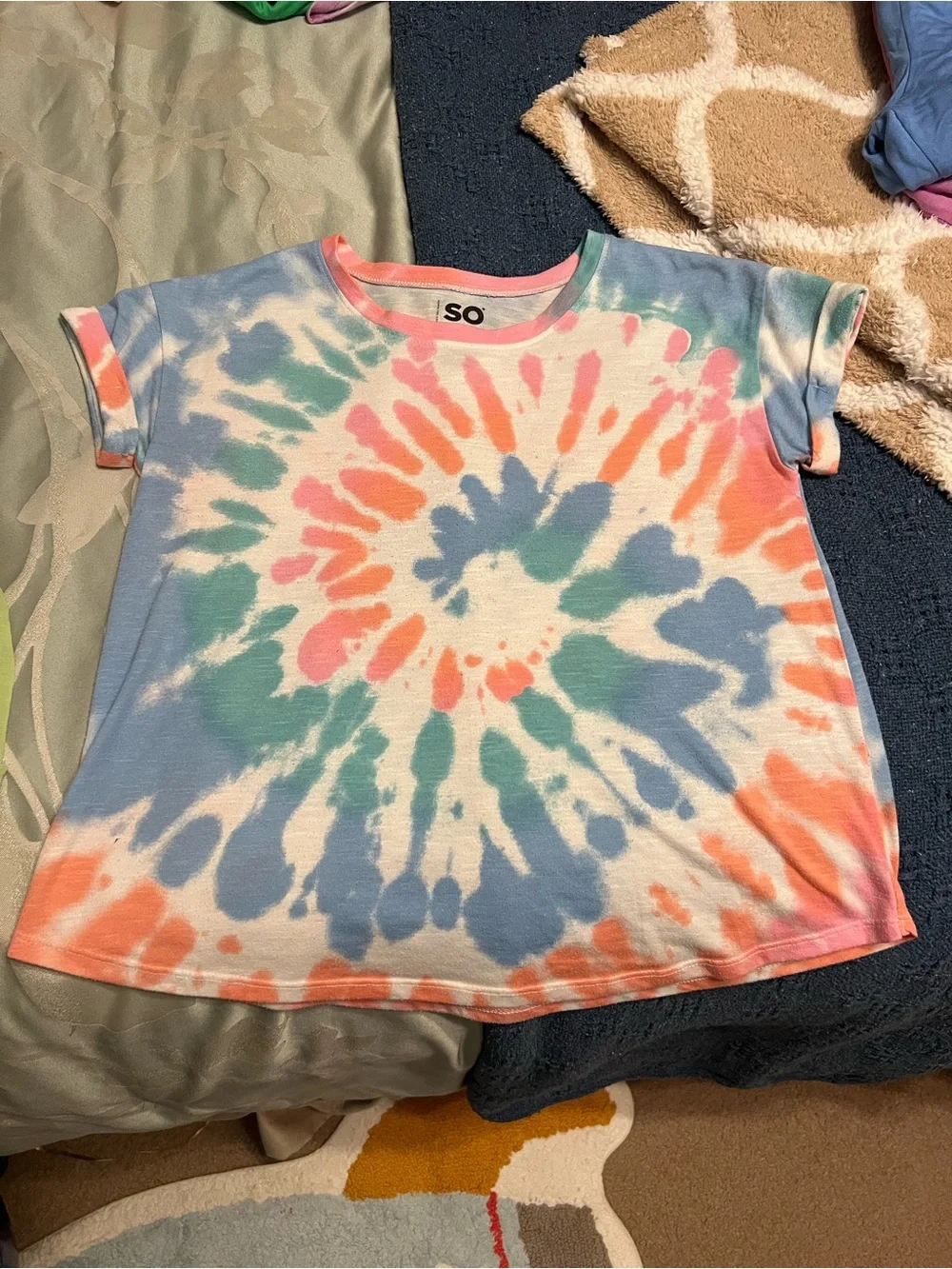 SO Girls XL Tie-Dye Short Sleeve Tee Pink, Blue & Green